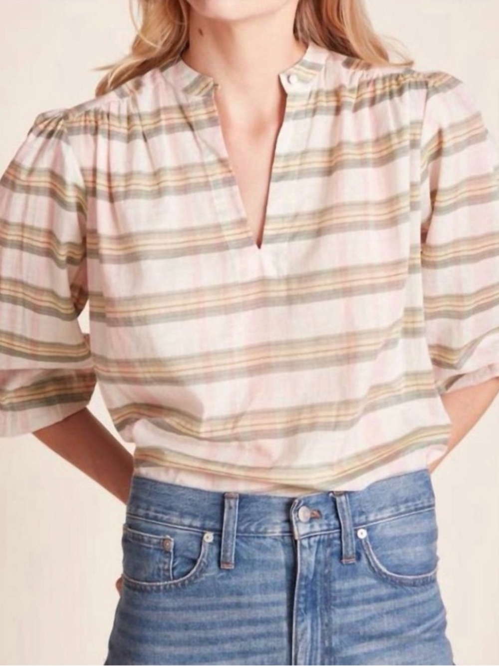 Trovata Pink Plaid Split-Neck Blouse with Soft Tan Stripes